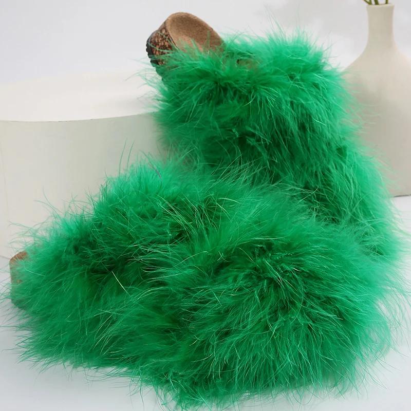 Fashion Korean Faux Fur Cotton Slippers for Women Slip On Round Toe Fur Slippers Woman Winter Non Slip Solid Color Plush Slides Female