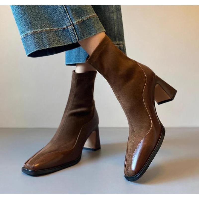 Dámské kotníkové boty v vintage pouličním stylu s krátkými botami a čtvercovou špičkou, podzimní a zimní boty pro ženy