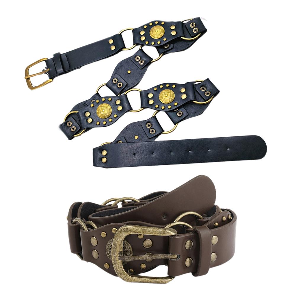 Women PU Stitching Waist Belt Ethnic Style Waist Belt Metal Women Dress Shirt Waist Belt with Carved Flower Buckle