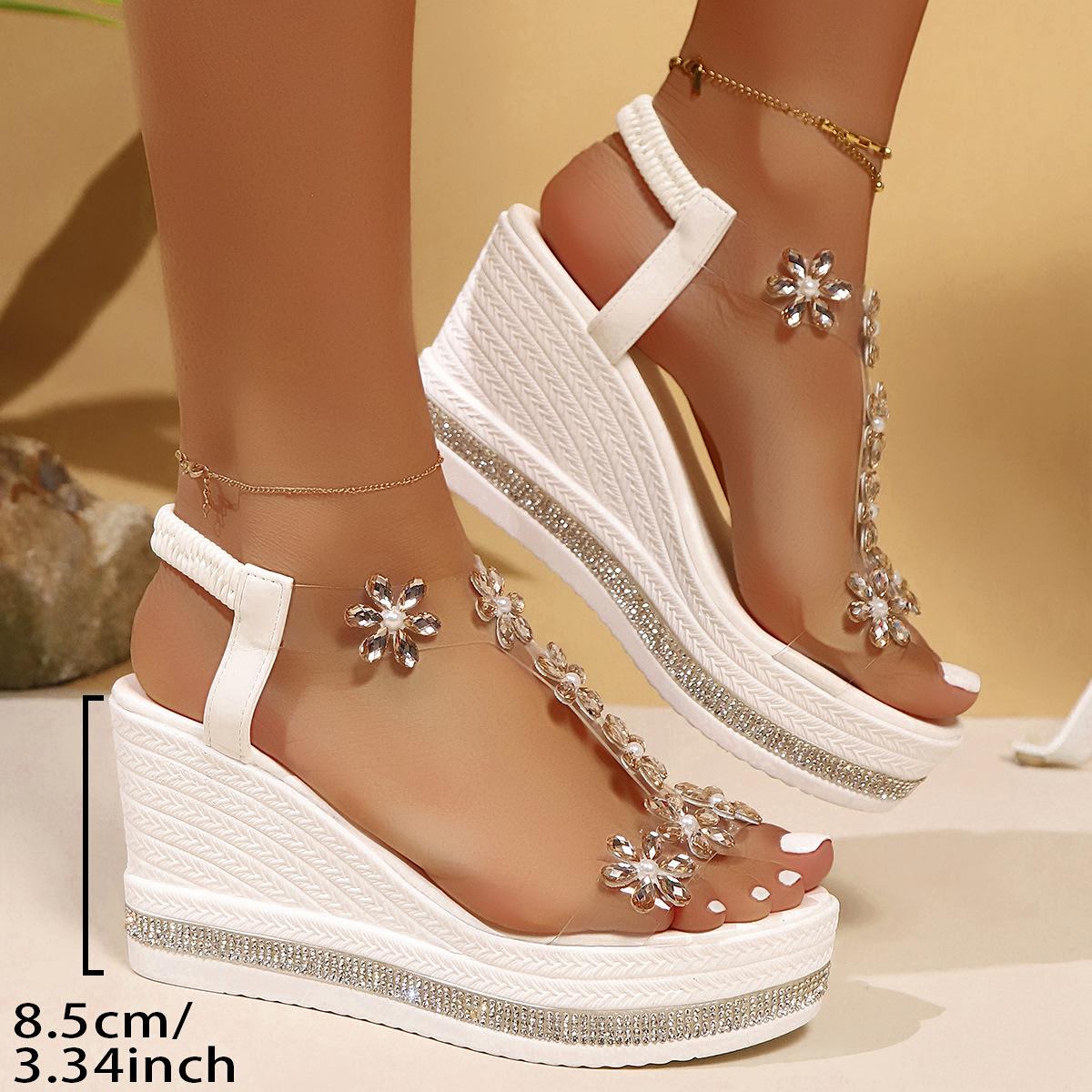 

Женские летние сандалии на танкетке со стразами, новая модель, на высокой платформе, с цветком, с ремешком на щиколотке, пляжные женские сандалии 43 белый