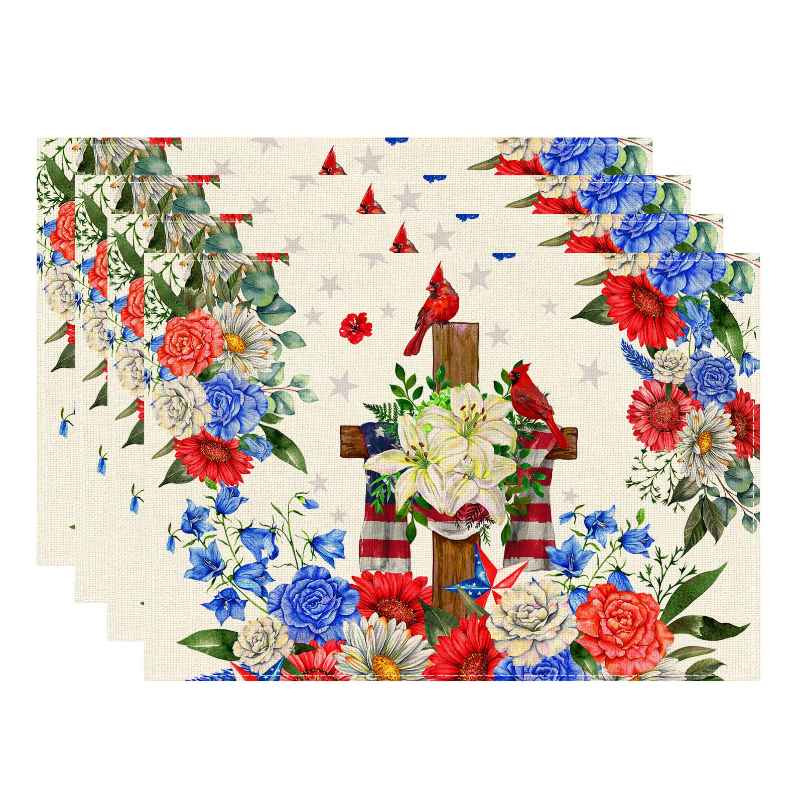 

Colorful Patriotic Flowers Cross Cardinals America Memorial Day Placemats Set of 4 Table Mats Patriotic Placemats Set of 4 （12x18 Inch）