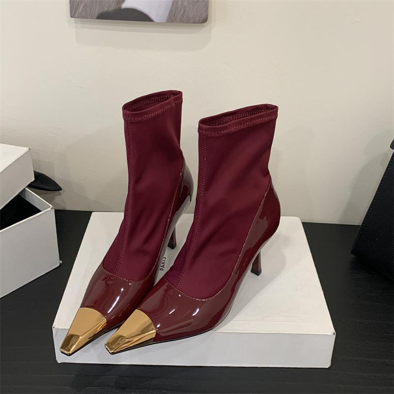 

Богатые лакированные тонкие ботинки Hepburn осень и зима новая модная темпераментная металлическая головка с вставками тонкие на высоком каблуке короткие ботинки 39 бордовый
