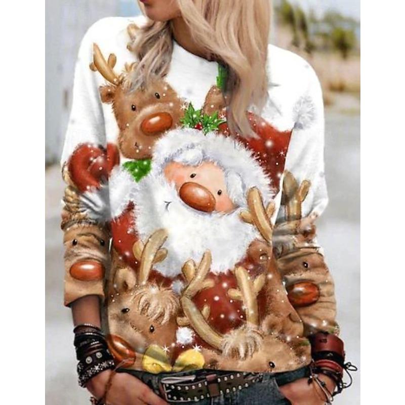 Tricou de damă cu gât rotund și mâneci lungi, cu imprimeu Moș Crăciun, top casual la modă, ținută pentru ziua de Crăciun, îmbrăcăminte tip pulover