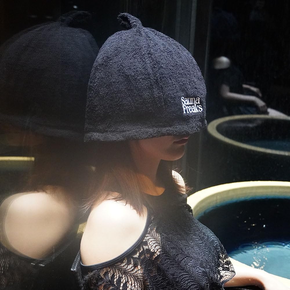 Sauna Freaks Sauna Hat, Cotton, Deep Coverage, Washable, Dryer Safe, Oversized, Stylish, Anti-Fever, Navy (Black) for Men and Women