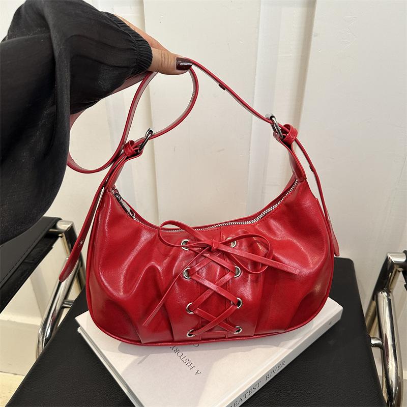 Lace-up Bow Bag Women's Spring 2025 New PU Dumpling Bag Temperament Shoulder Bag Sweet and Cool Messenger Bag