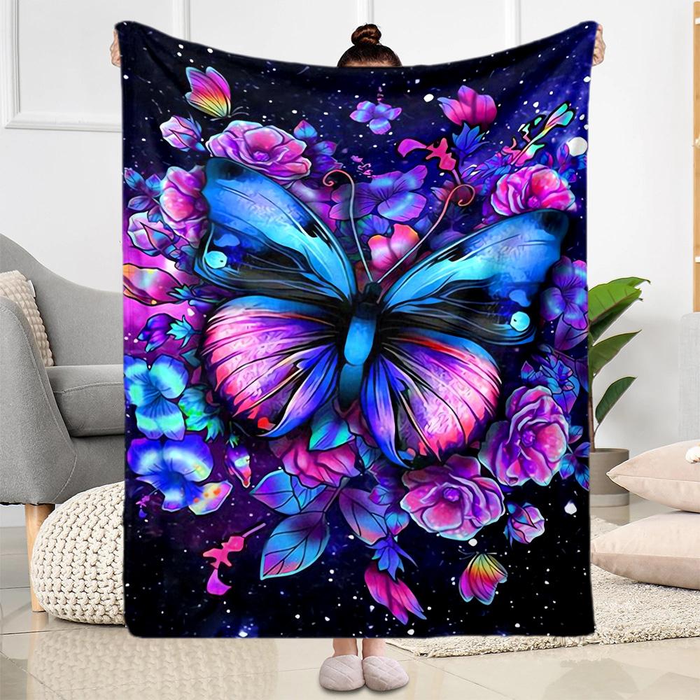 1pc Colorful Butterflies Flowers Blanket Soft and Warm for Sofa Office Camping Travel Livingroom Great Gift for Friends and Family Comfortable