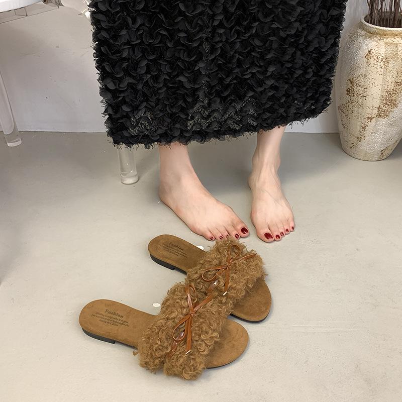 Versatile retro style flat head slope heel fluffy shoes women's autumn and winter fashion outer wear versatile flat heel casual one-word slippers