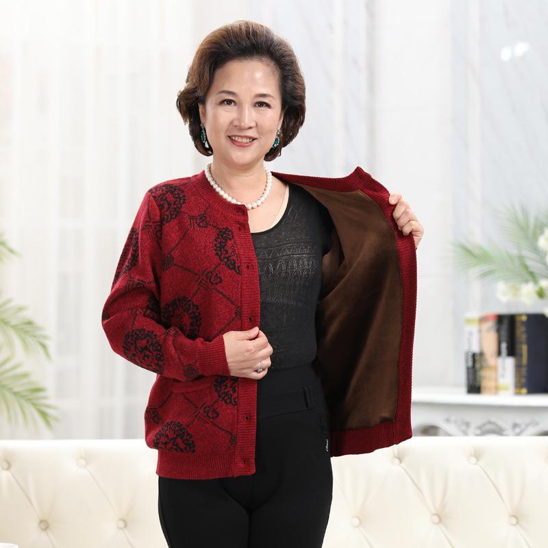 Elderly Men's Thickened Knitted Cardigan with Fleece, Wool Sweater for Grandpa and Grandma, Red Jacket