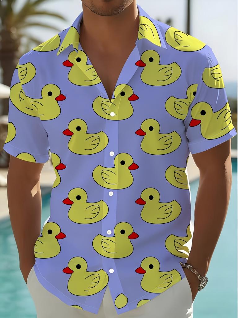 Fun Duck Flock All-Over Print Men'S Short Sleeve Shirt, Loose Fit, Suitable for Beach Relaxation/Outdoor Picnic