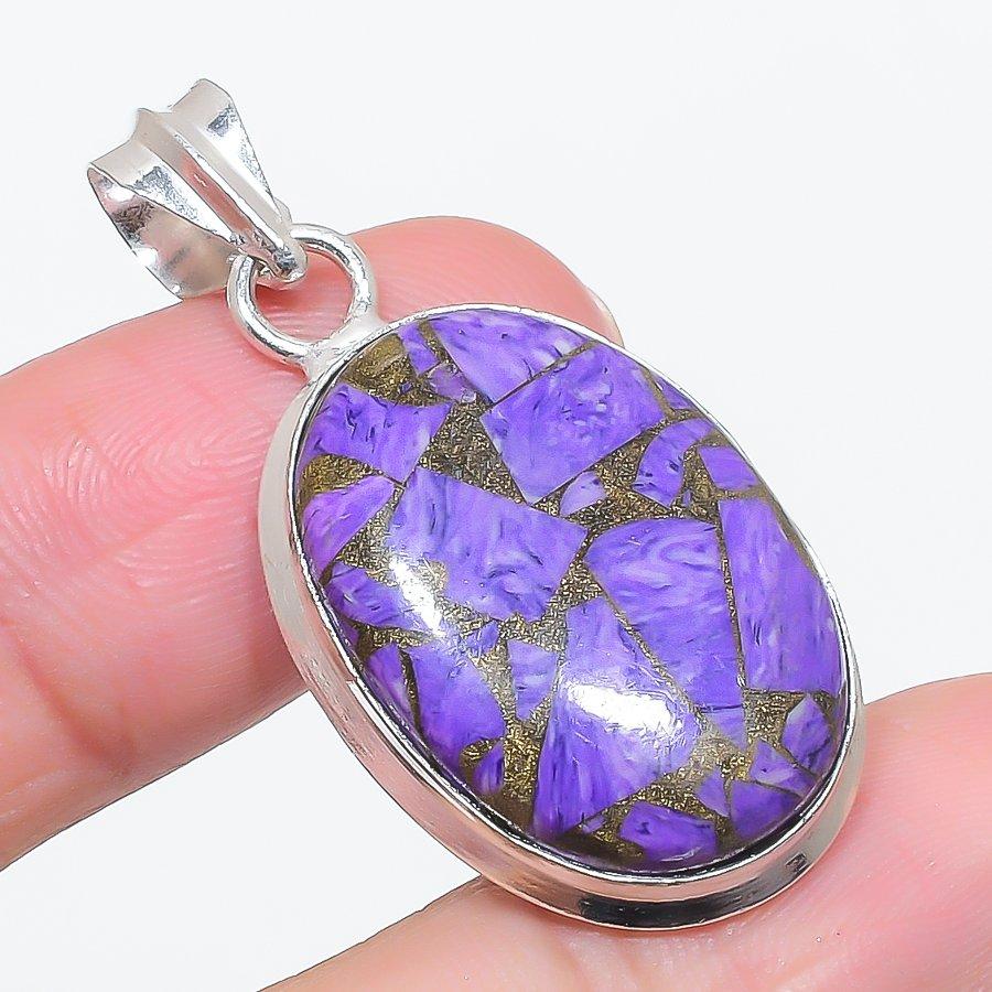 Natural Copper Charoite Gemstone 925 Sterling Silver Jewelry Pendant 1.77" V4y87