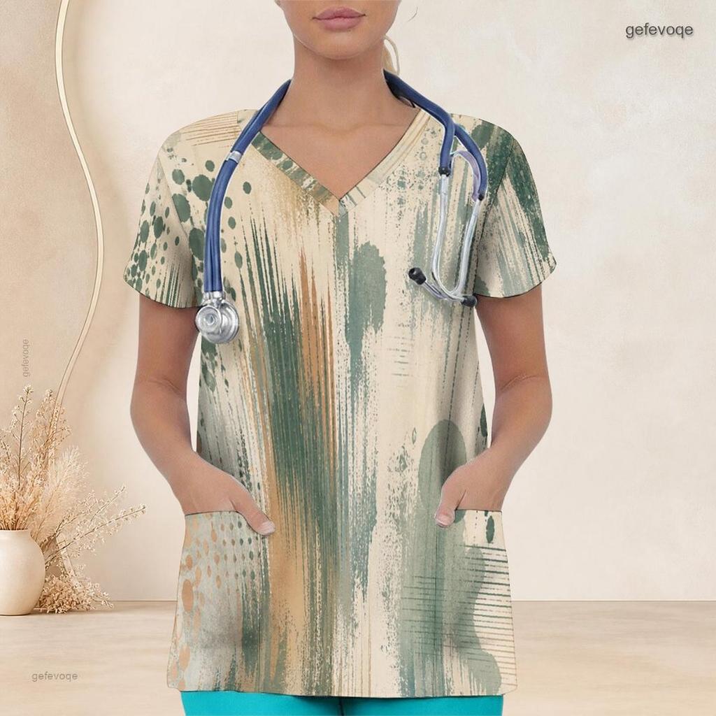 Women Plus Size Printed Nurse Scrub Top V Neck Short Sleeve Green Beige With Front Pockets
