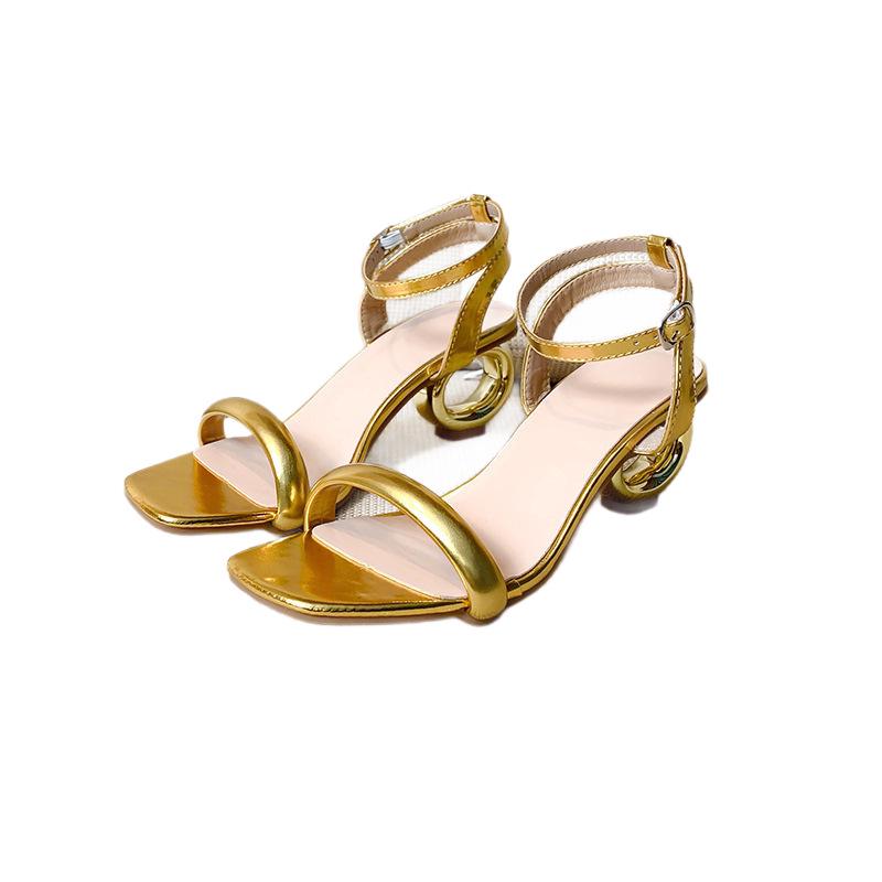 2026 European & American Gold Mid-Heel Sandals for Women - One-Strap, Thick Heel, Fashionable & Versatile