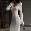 Knit Slim Round Neck Hollow Out Women Dress Summer Solid Soft Long Sleeves Lady Robe