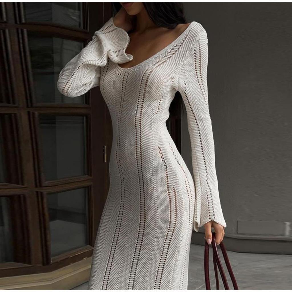 Knit Slim Round Neck Hollow Out Women Dress Summer Solid Soft Long Sleeves Lady Robe