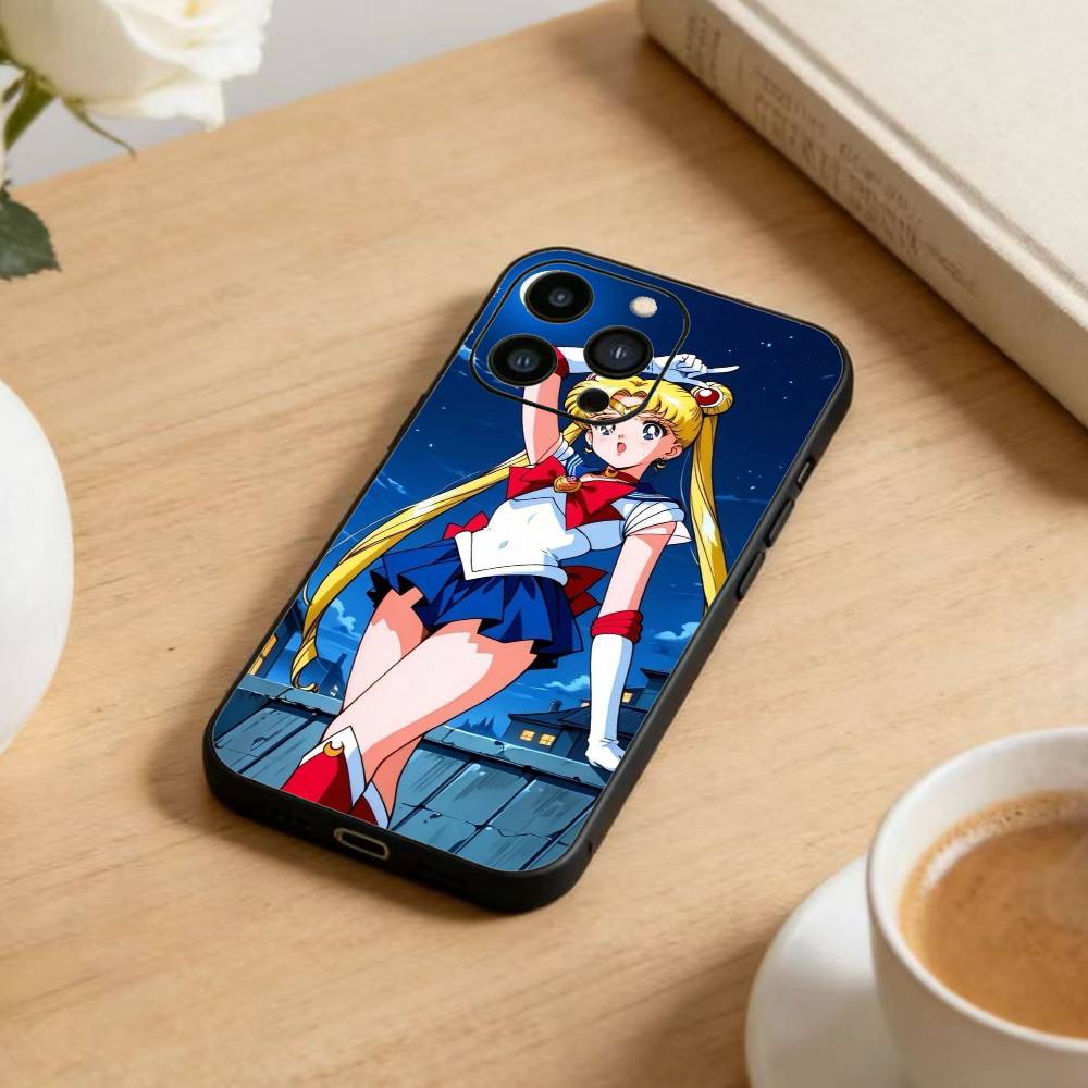 Cartoon S-Sailor M-Moons Phone Case For iPhone17,16,15,14,13,12 Plus,Max Soft Silicone Black Cover