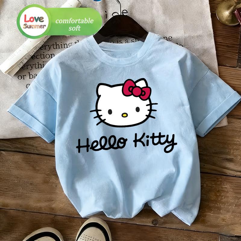 Kitty cat Print T-Shirt 4 to 14 years girls Short-Sleeved back to school Casual Top Suitable for 2026 Summer Spring