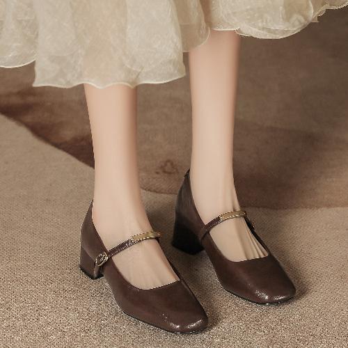 Autumn Winter New Soft Leather Mary Jane Shoes Chunky Heel Square Toe Retro Strap Comfortable Women Shoes Non-Slip Comfort
