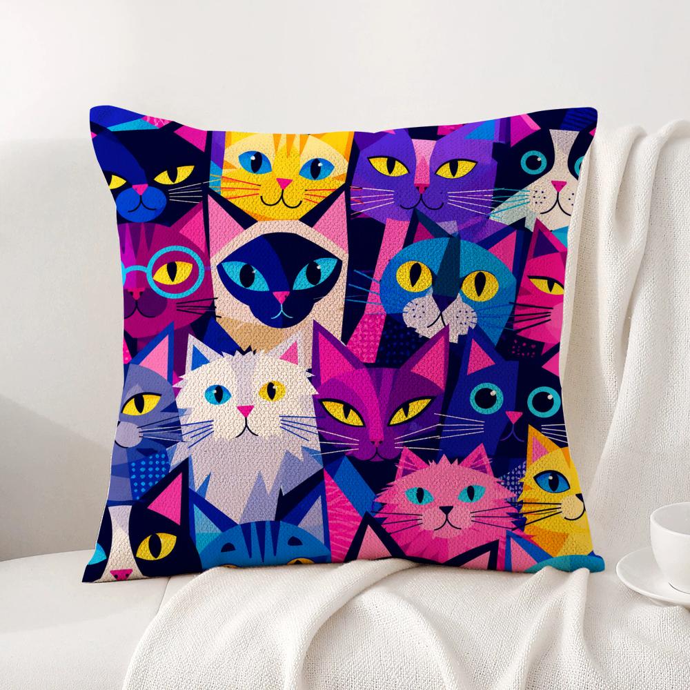 Cushion Cover Cute Cat Print Linen Organic Fabric DoubleSided Printing Sofa Breathable Home Decor Gift Pillow Case
