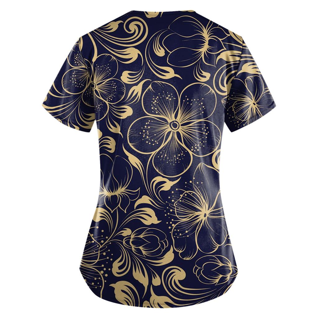 Frauen Mode Frühjahr Und Sommer Ölgemälde Druck V-ausschnitt Kurzarm Arbeitskleidung Mit Taschen Tops