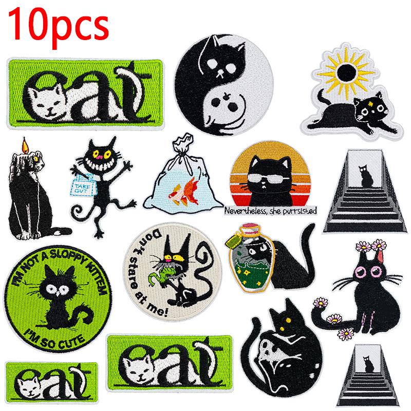 10 ks / Loty Série Černá kočka Vyšívané Kreslené Zvířecí Odznaky Klobouky Batoh Oblečení Zdobit Zvířecí Nášivka Nažehlovací Nášivky DIY