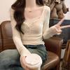 Spring Autumn Fake Two Pieces Floral Printing Lace Patchwork T-shirt Women Long Sleeve Bottomed Tee Pullover Top