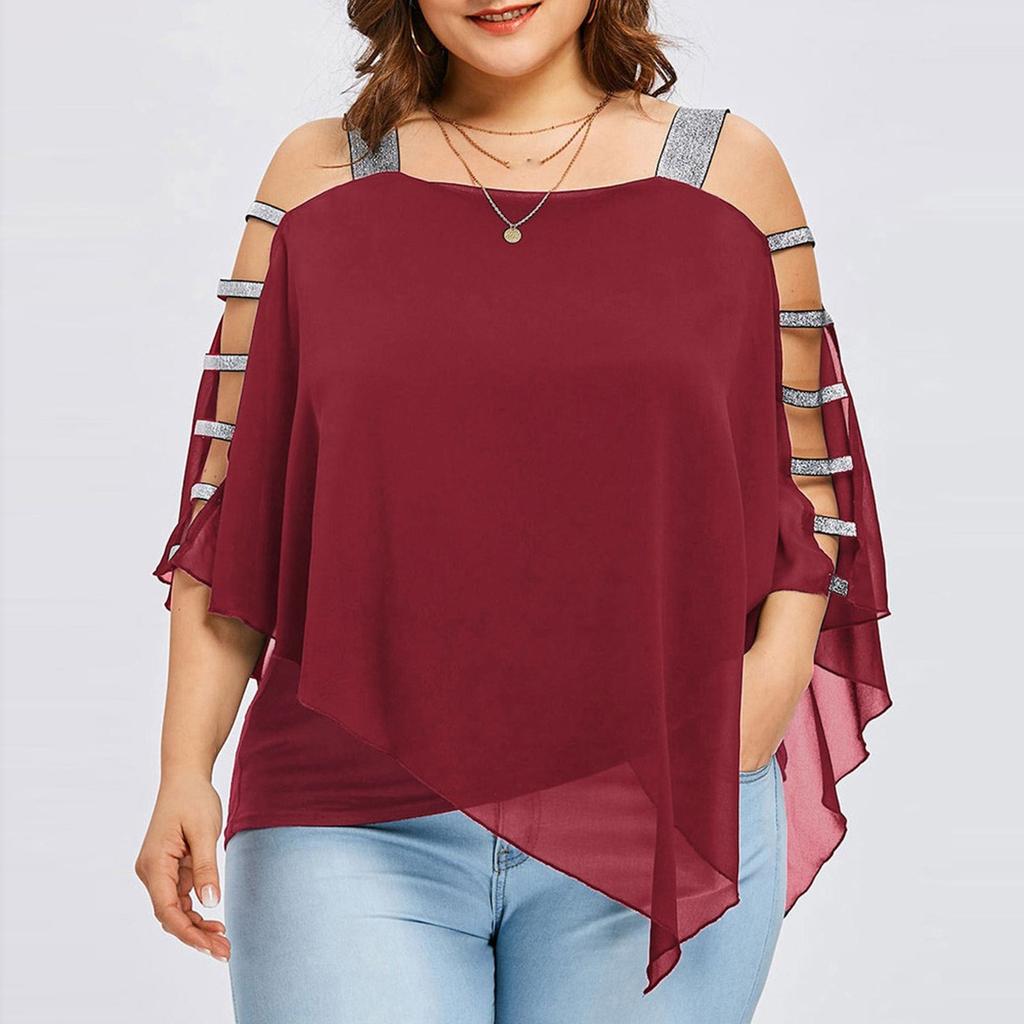 Sexy Women Fashion Plus Size Ladder Cut Overlay Asymmetric Blouse Strapless Tops