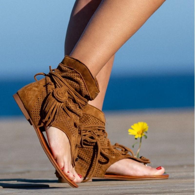 Fashion Retro Tassel Sandals For Woman Summer Boho Flat Shoes Ladies Lace Up Beach Shoes Sandalias Mujer 2024 Women's Shoes