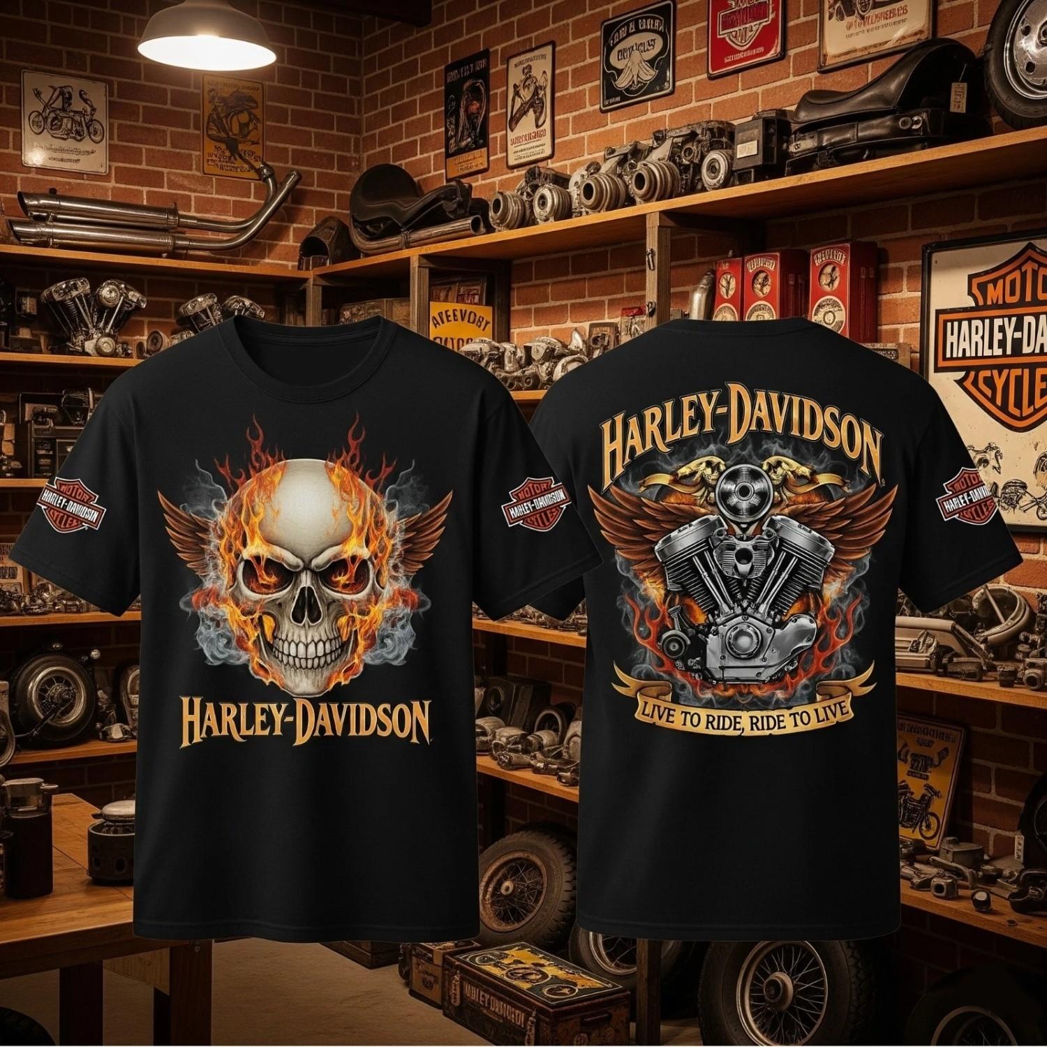 Ride To Live Skull Fire Motor Harley Davidson 3d T-Shirt S-5XL S