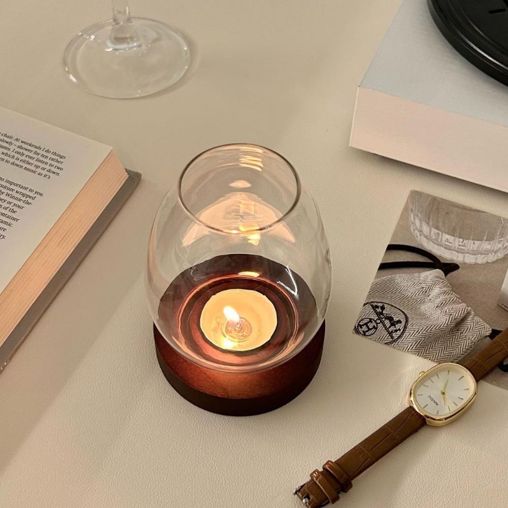 

Retro Transparent Glass Candlesticks Round Hollow Candle Holder with Wood Base Windproof Candle Cup Cover Wedding Party