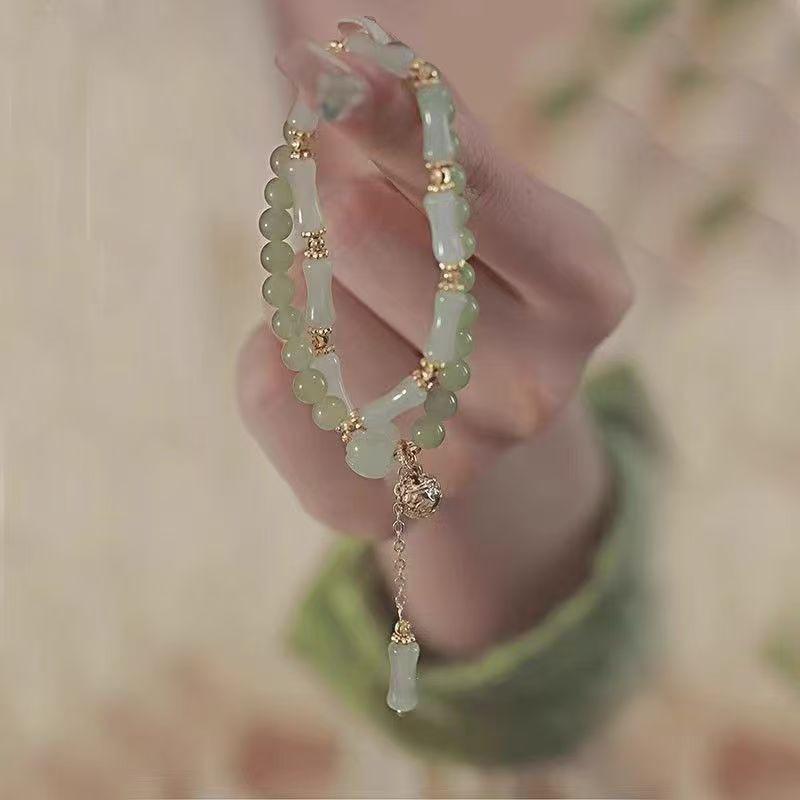 Golden Silk Jade Bamboo Bracelet: Elegant Beaded Pumpkin Design with Imitation Hetian Jade In New Chinese Retro Style