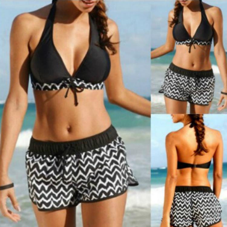 

Women Sexy Halter Swimsuit Fashion Patchwork Bikini 2 Pieces Bathing Suit Tankini Shorts 5XL