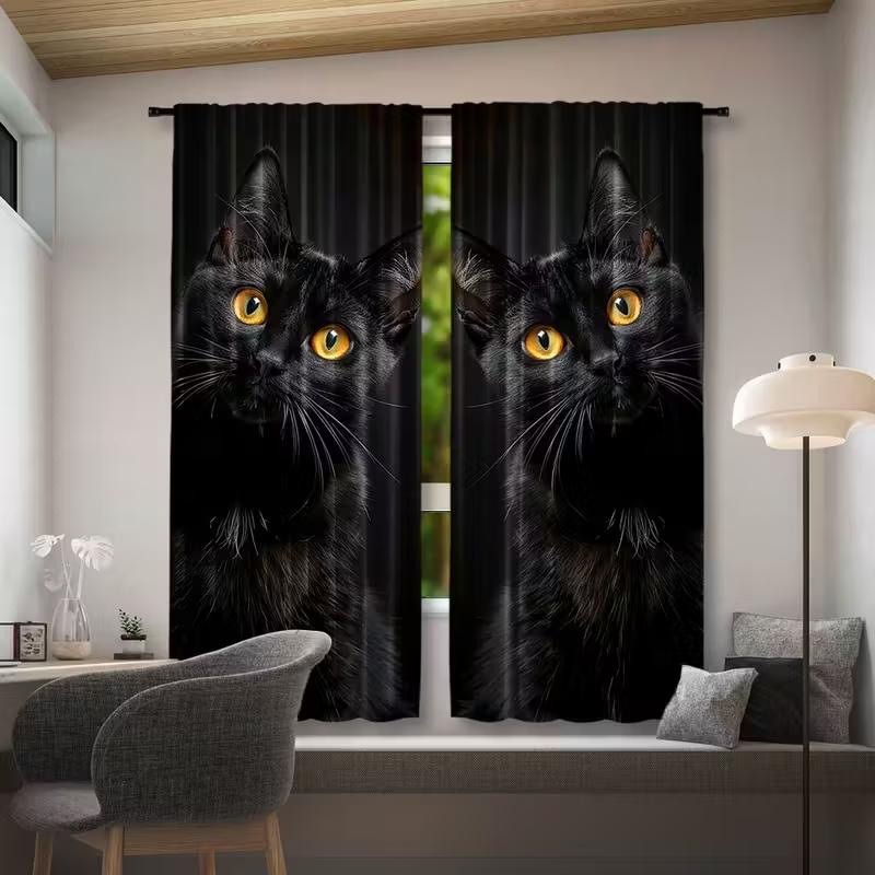 2PCS Black Cat Print Art Curtains, Pole Bag Polyester Material Design, Bedroom, Home Decoration