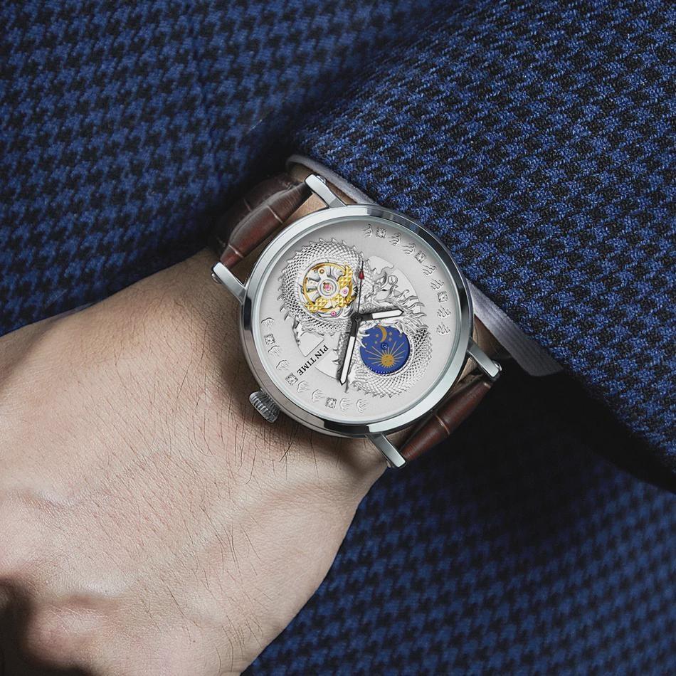 PINTIME Luxury Gold Stainless Watch Dragon Skeleton Mechanical Watch Men Moon Phase Tourbillon Wristwatch