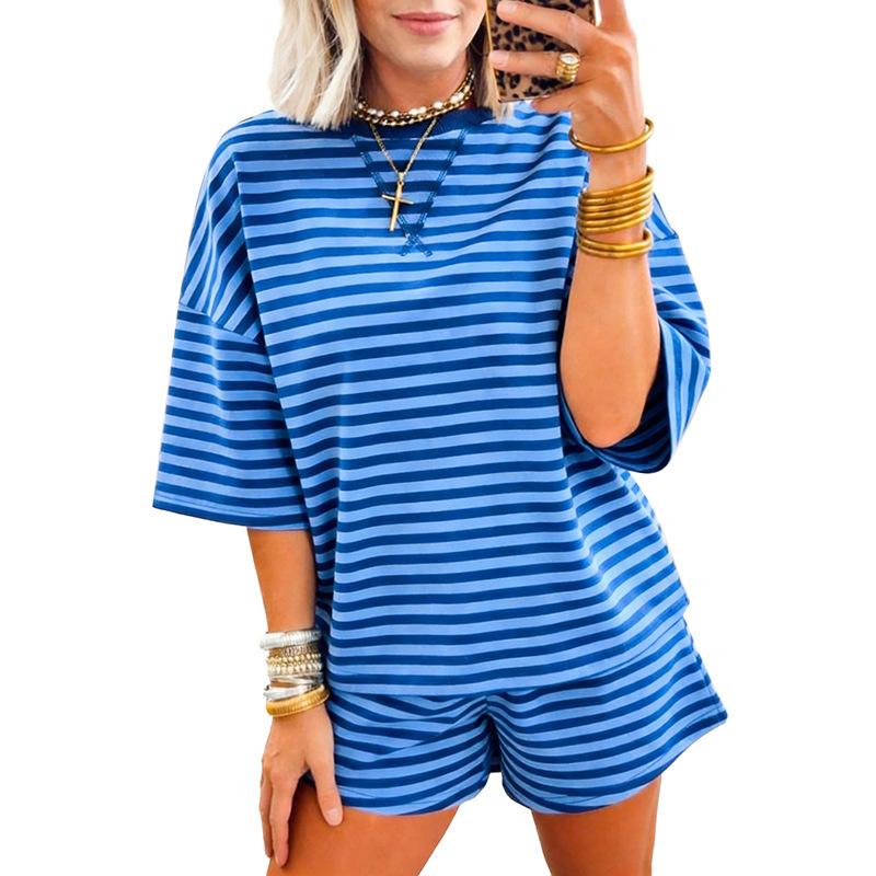 Women s Relaxed Two Piece Short Set Three Quarter Sleeve Striped Casual Cotton Tracksuit S