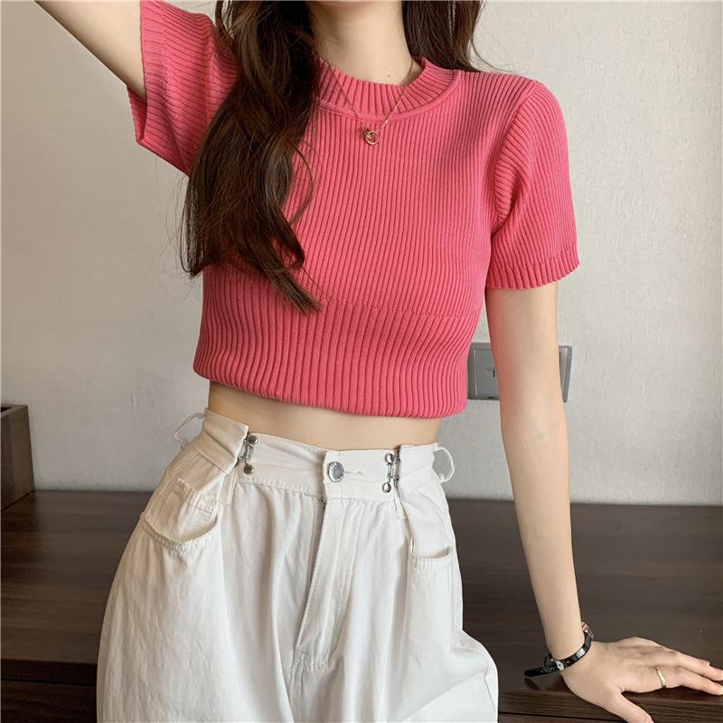 Round Neck Short-sleeved Knit Sweater Slim Thin Tide Short Paragraph Tops Female Casual Summer Essential Comfort and Style Slim Fit Pullovers Tees