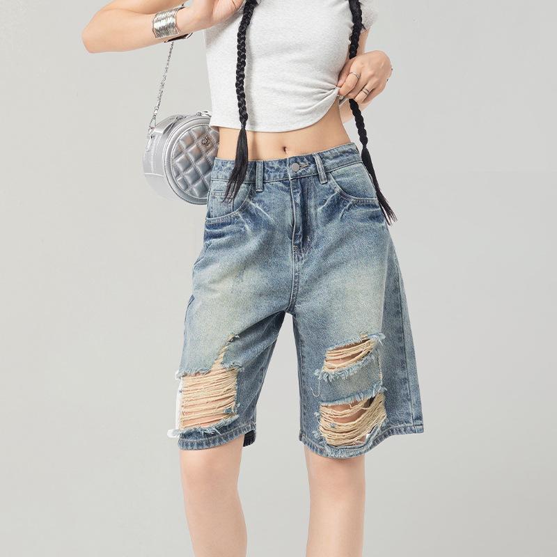 Women s Blue Ripped Denim High-Waist Wide-Leg Shorts - Summer 2026 Collection S