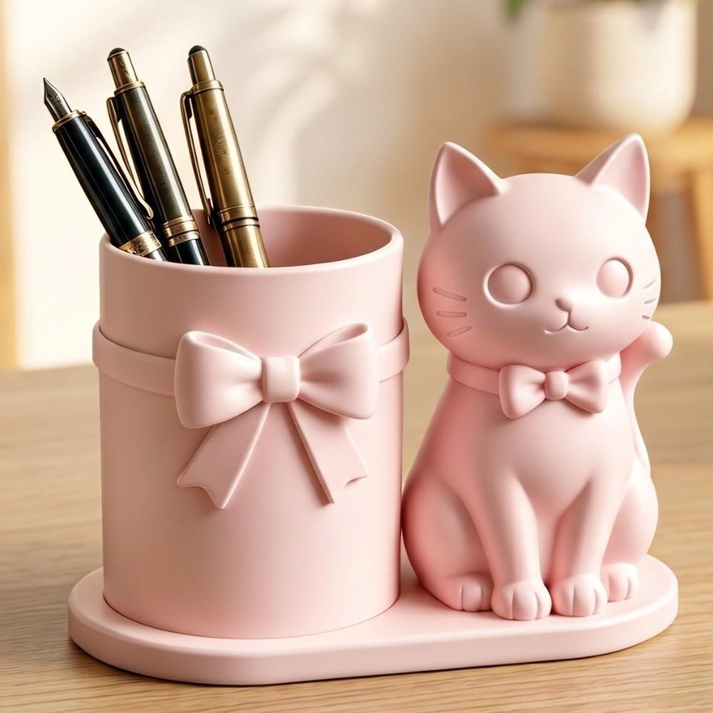 3D Geprinte Katvormige Pennenhouder Plastic Make-upkwast Opbergorganizer Bureau Decoratie