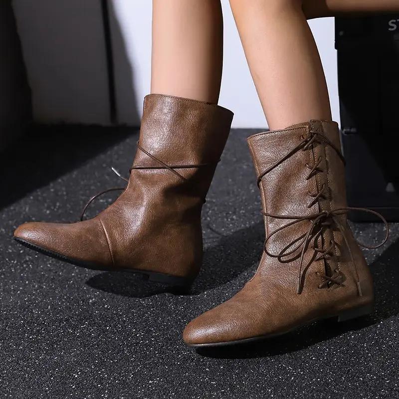 Fashion Classic Vintage Women Boots Round Toe Low Heels Zipper Lace Plus Size 46 47 48 Casual Soft Daily Mid Calf Booties