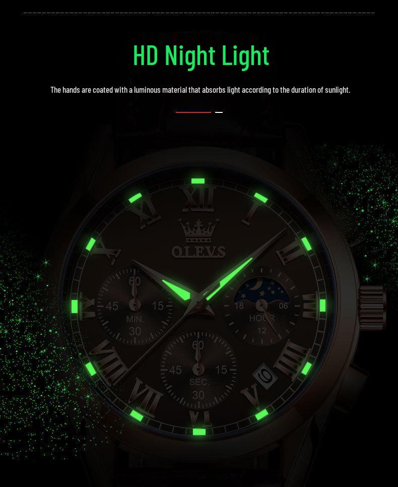 Oulishi Men's Waterproof Luminous Chronograph Quartz Watch with Three-Eye, Six-Hand Design.