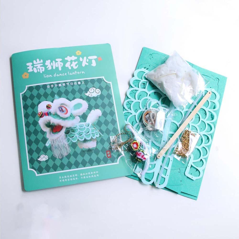 Auspicious Awakening Lion Lamp Felted Mid-Autumn Mascot Light Lion Dance Lantern Preschool Kids Cyan Material Kit