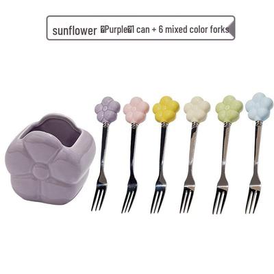 Sunflower Stainless Steel Fruit Fork Set with Ceramic Holder