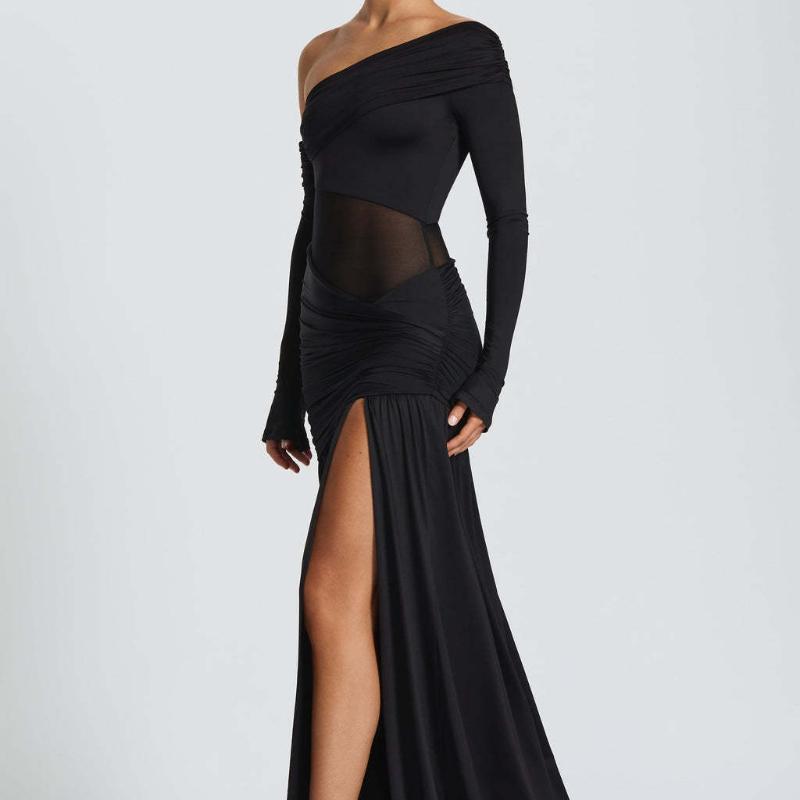 Abito Lungo Sexy da Donna Europeo e Americano Monospalla Vita Piegata Trasparente Off Shoulder in Rete