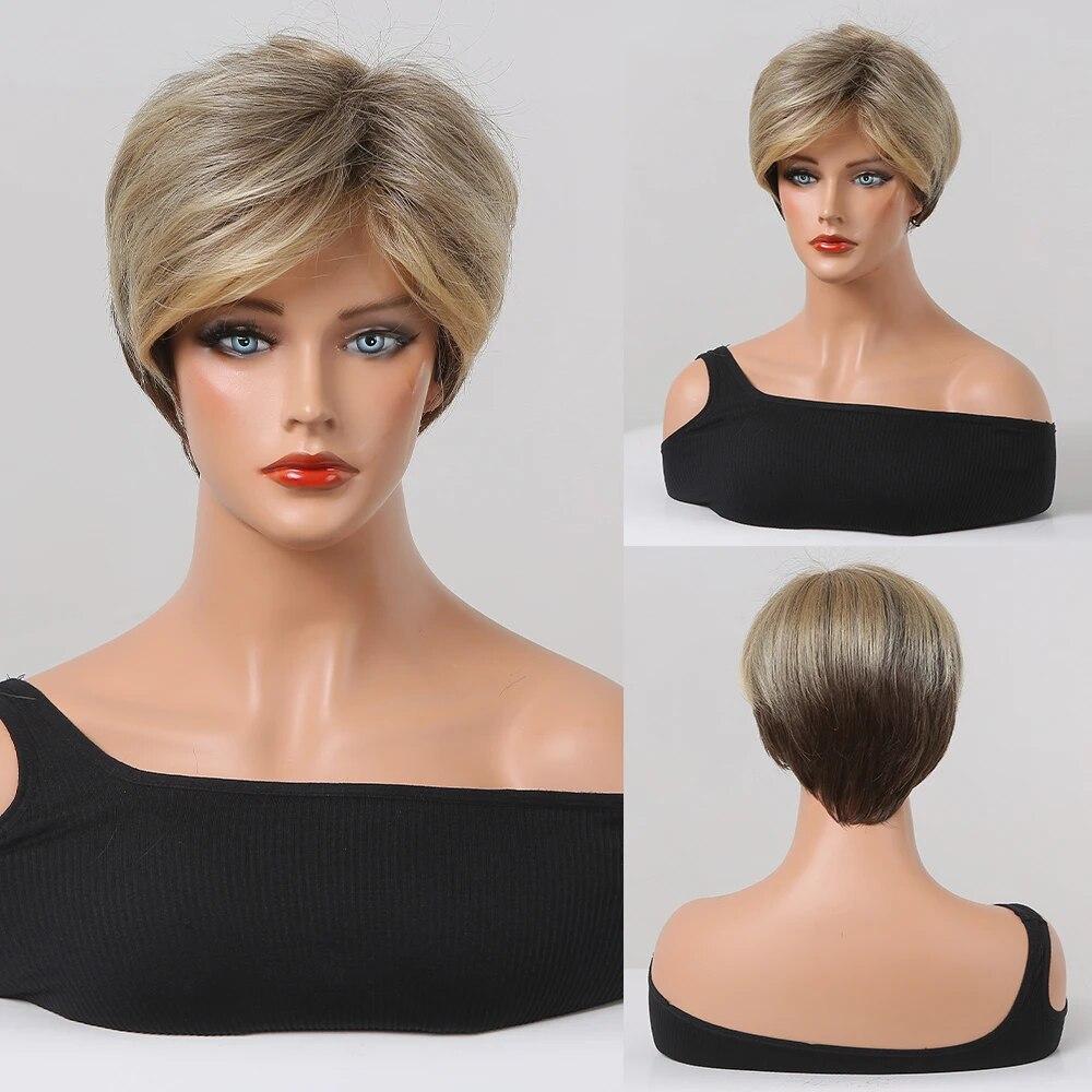 Short Straight Bob Synthetic Wigs with Bangs for Women Brown To Blonde Wig Cosplay Party Daily Heat Resistant Fiber Hair