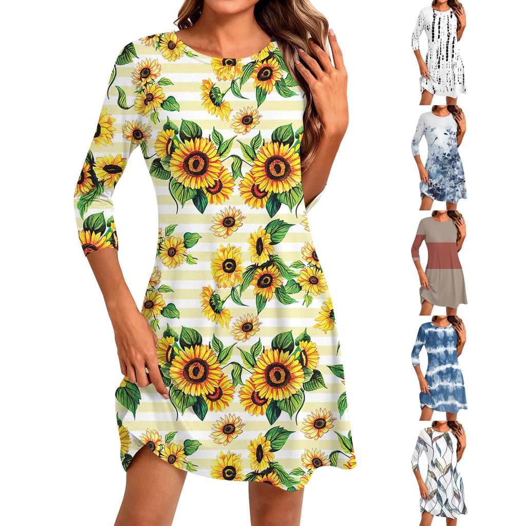 Women's Fashion Casual Print Round Neck Three-quarter Sleeve Short Dress