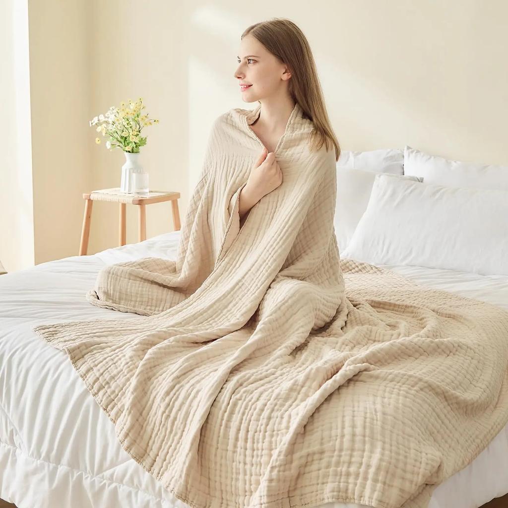 6 Layer Beige Cotton Blanket Foldable Swaddle Blanket Breathable Cotton Infant for Bed Sofa Cover Travel Blanket