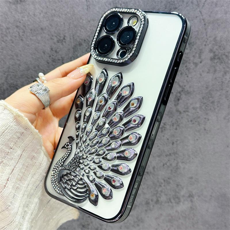 Electroplated Peacock Rhinestone Case for iPhone 15/16/17 Pro Max