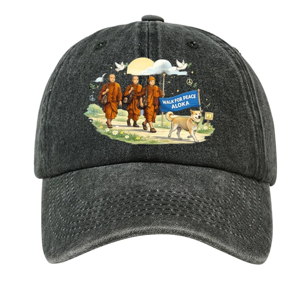 Washed Cotton Baseball Cap with Printed Distressed Soft Top Denim Hat, Vintage Hat