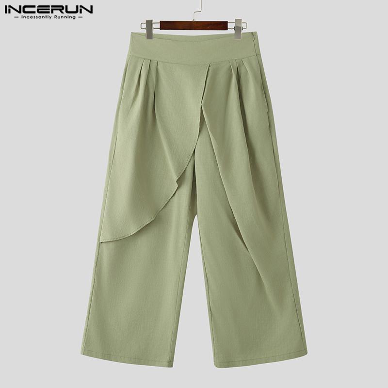 INCERUN Men Zip-Up High Waist Layers Long Trousers Casual Pants