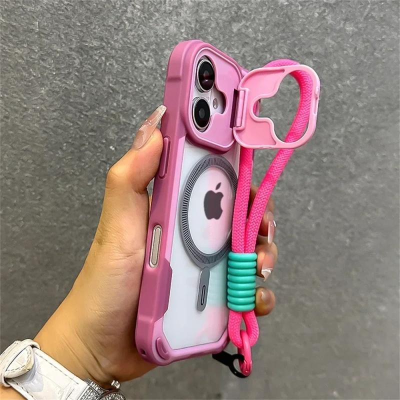 Armor Candy Color Clash For Magsafe Phone Case For 17 16 15 14 Plus 13 12 Pro Max Stand With Wrist Strap Phone Back Cover