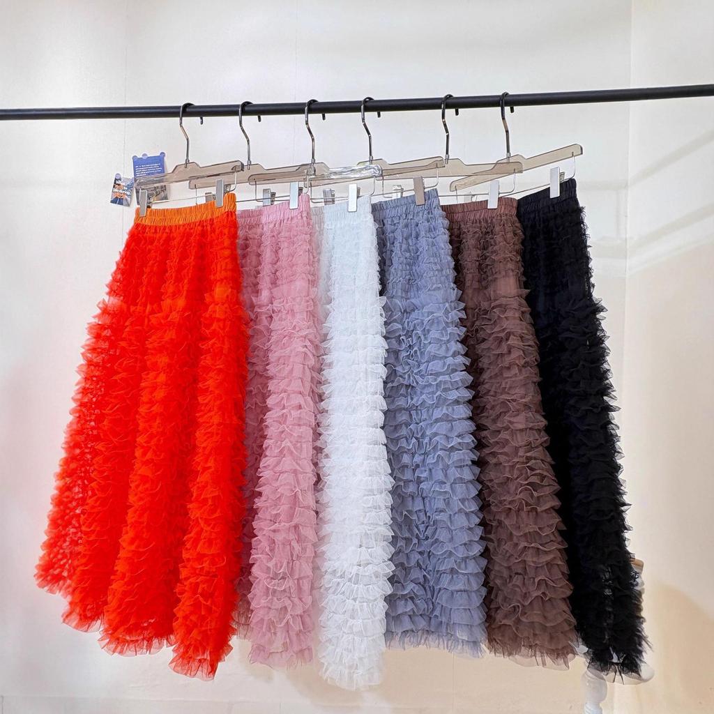 Sweet Apricot Embroidered Mesh Ruffle Midi Skirt - Fluffy, Layered and Versatile for Autumn/Winter